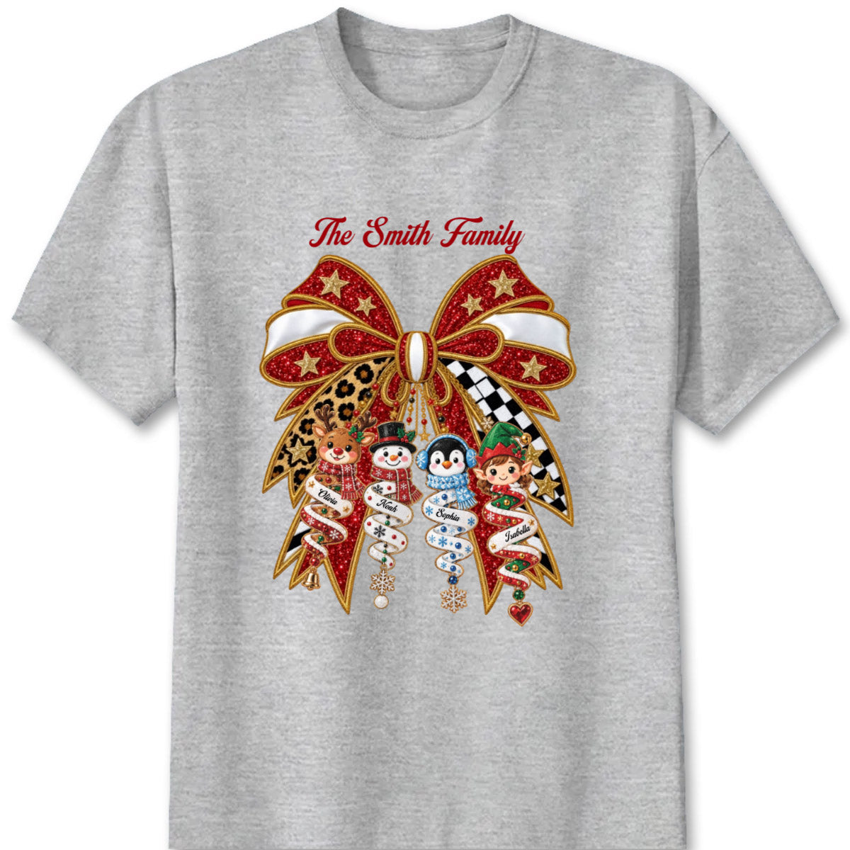 Festive Christmas Bow Custom Family Shirt - Personalized Holiday Character Gifts