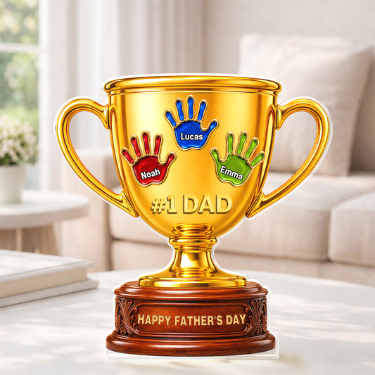 Personalized Handprint Trophy Plaque for Dad with personalized design details for meaningful gifting