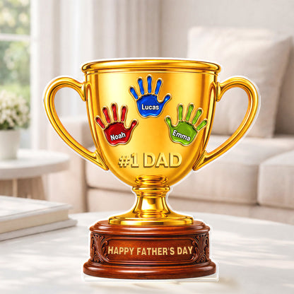 Personalized Handprint Trophy Plaque for Dad with personalized design details for meaningful gifting