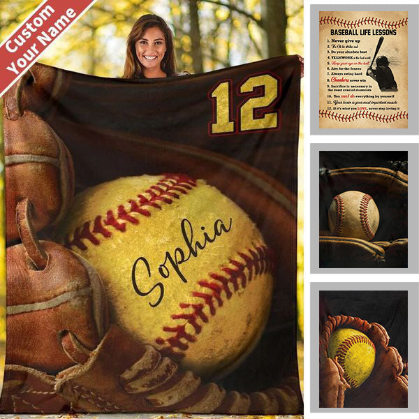 Custom Name & Number Baseball Blanket - Personalized Softball Throw Blanket for Kids
