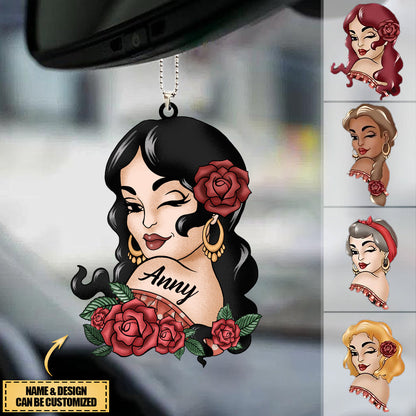 Personalized Vintage Girl Acrylic Ornament - Custom Name Retro Rose Car Hanger Keepsake Gift