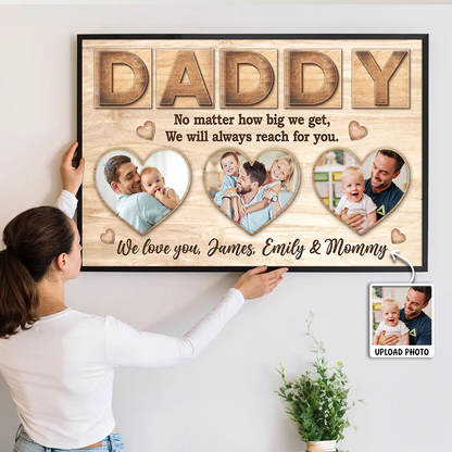 Personalized dad photo canvas wall art with three heart-shaped family pictures and custom names image 9