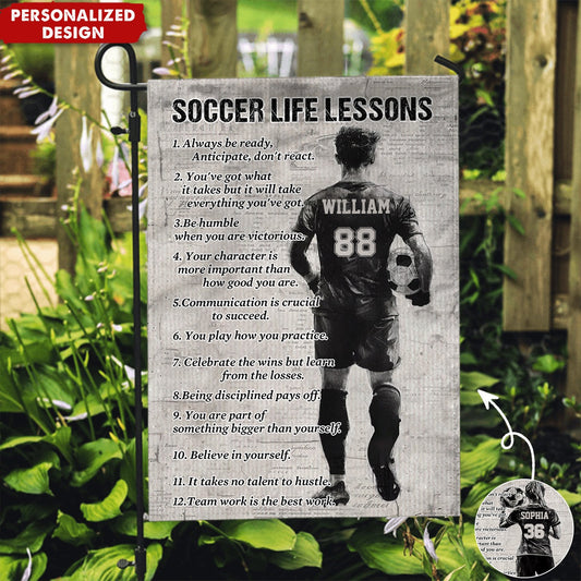 Personalized soccer garden flag featuring 12 motivational life lessons with a custom soccer player jersey illustration