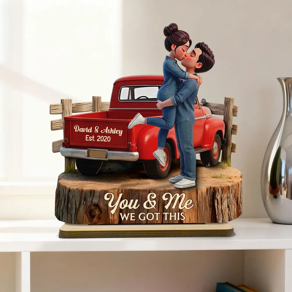 Kissing Couple in Red Pickup Truck - Personalized Wooden Plaque