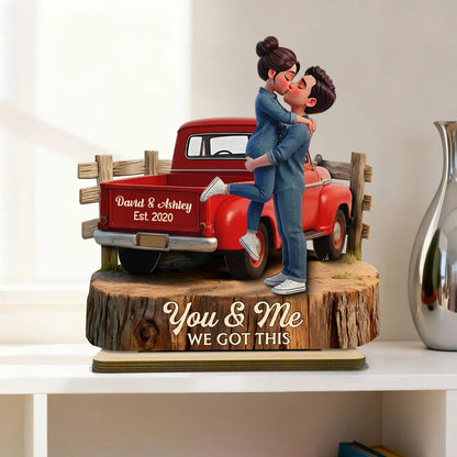 Kissing Couple in Red Pickup Truck - Personalized Wooden Plaque
