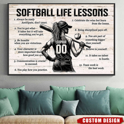 Personalized Custom Softball Life Lessons Canvas / Poster - Custom Motivational Softball Gift For Women Softball Players
