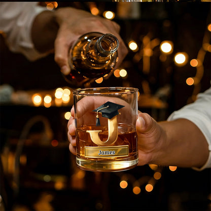 Personalized Graduation Cap Initial Whiskey Glass - Gift For Graduates & Whiskey Lovers