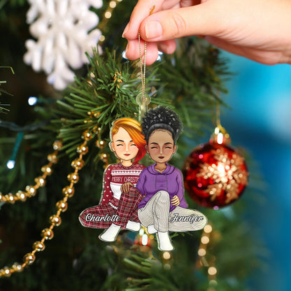 Couple Sitting Together - Christmas Gift For Husband And Wife - Personalized Cutout Acrylic Ornament