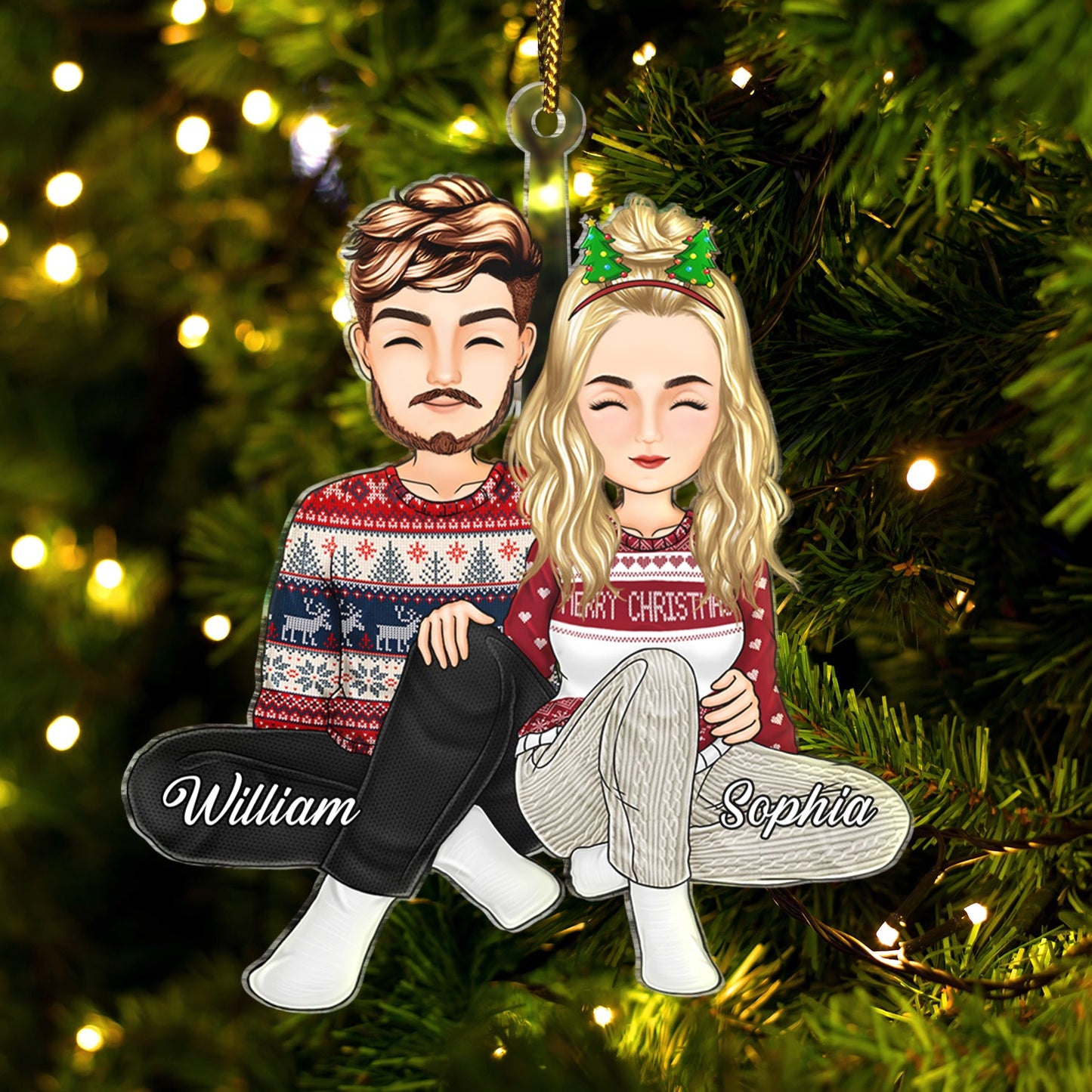 Couple Sitting Together - Christmas Gift For Husband And Wife - Personalized Cutout Acrylic Ornament