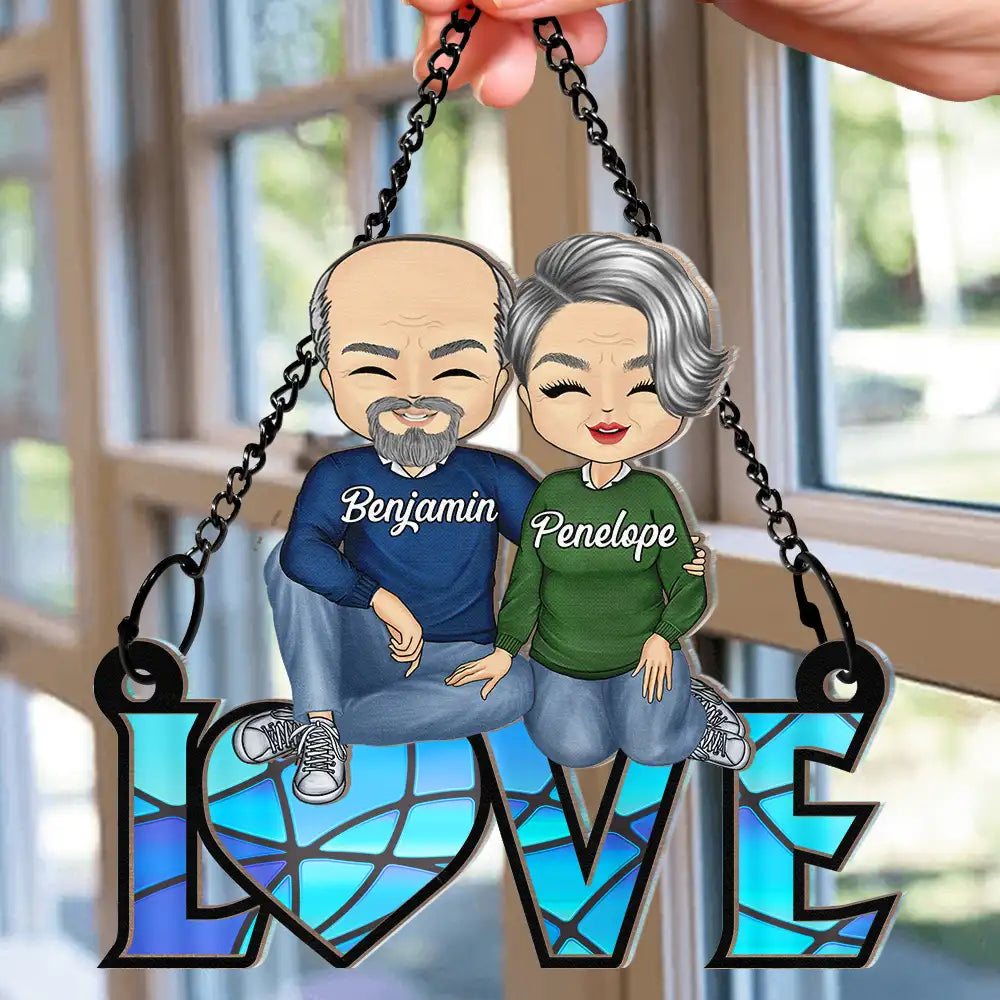 Chibi Couple Love Word Ornament - Personalized Window Hanging Suncatcher Ornament