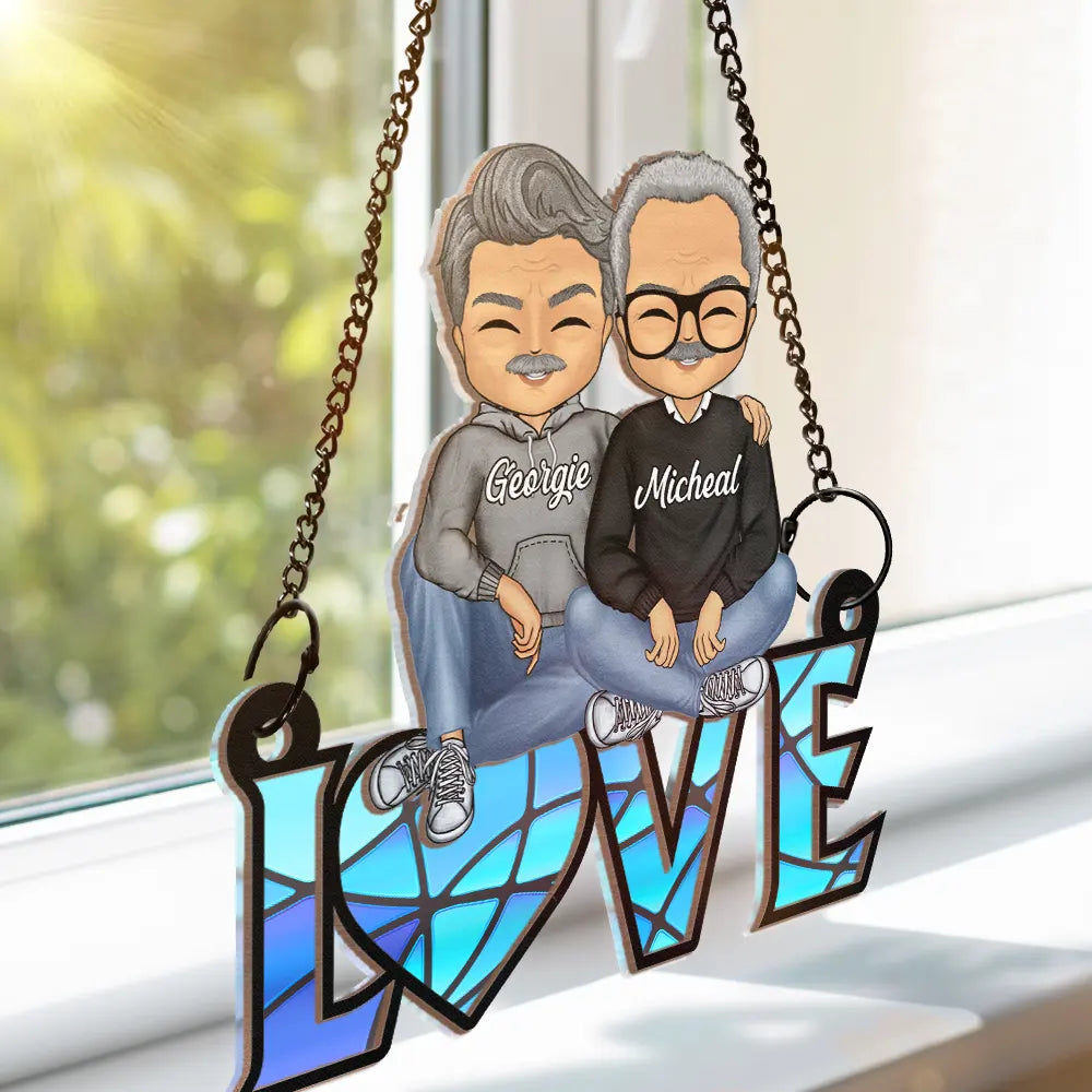 Chibi Couple Love Word Ornament - Personalized Window Hanging Suncatcher Ornament