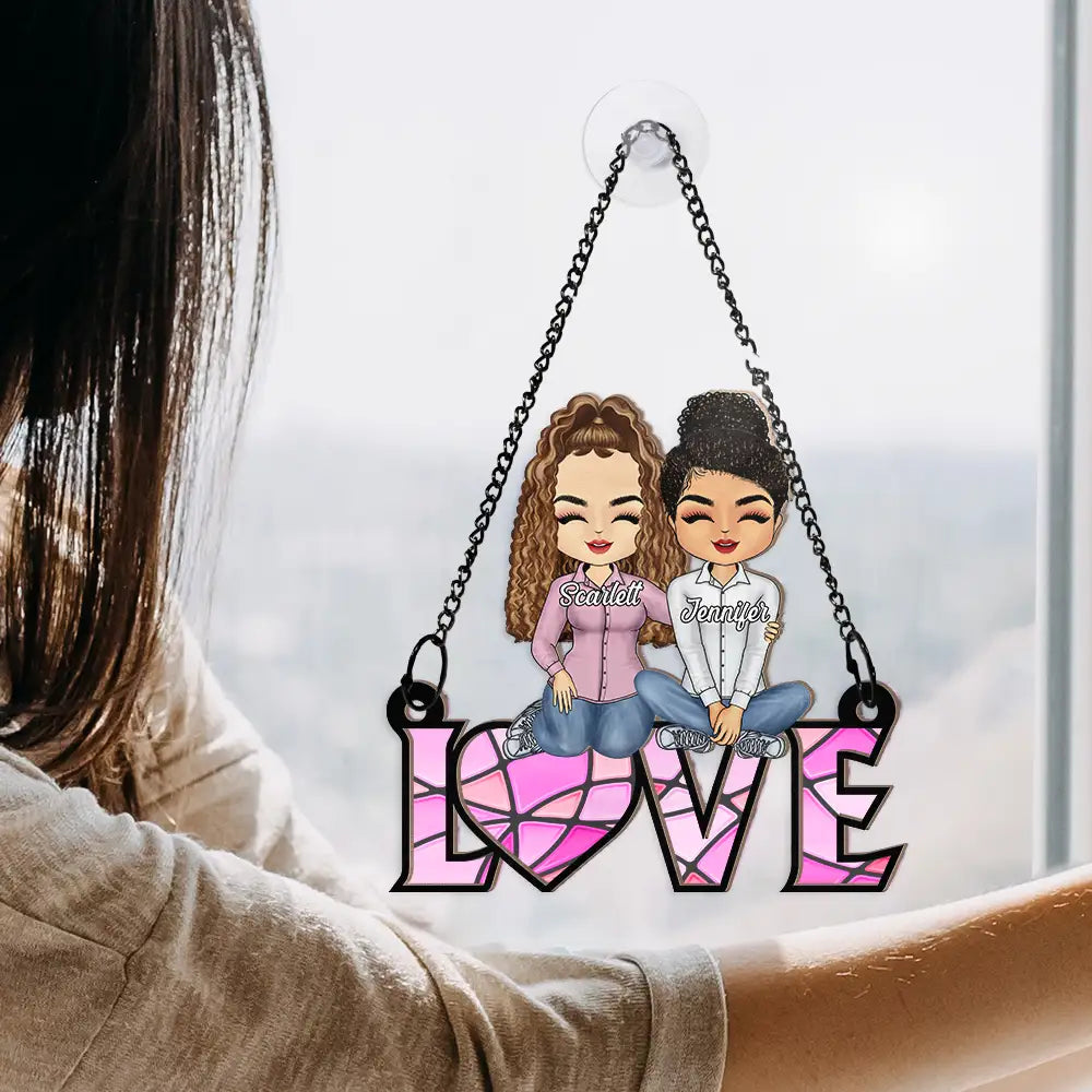 Chibi Couple Love Word Ornament - Personalized Window Hanging Suncatcher Ornament