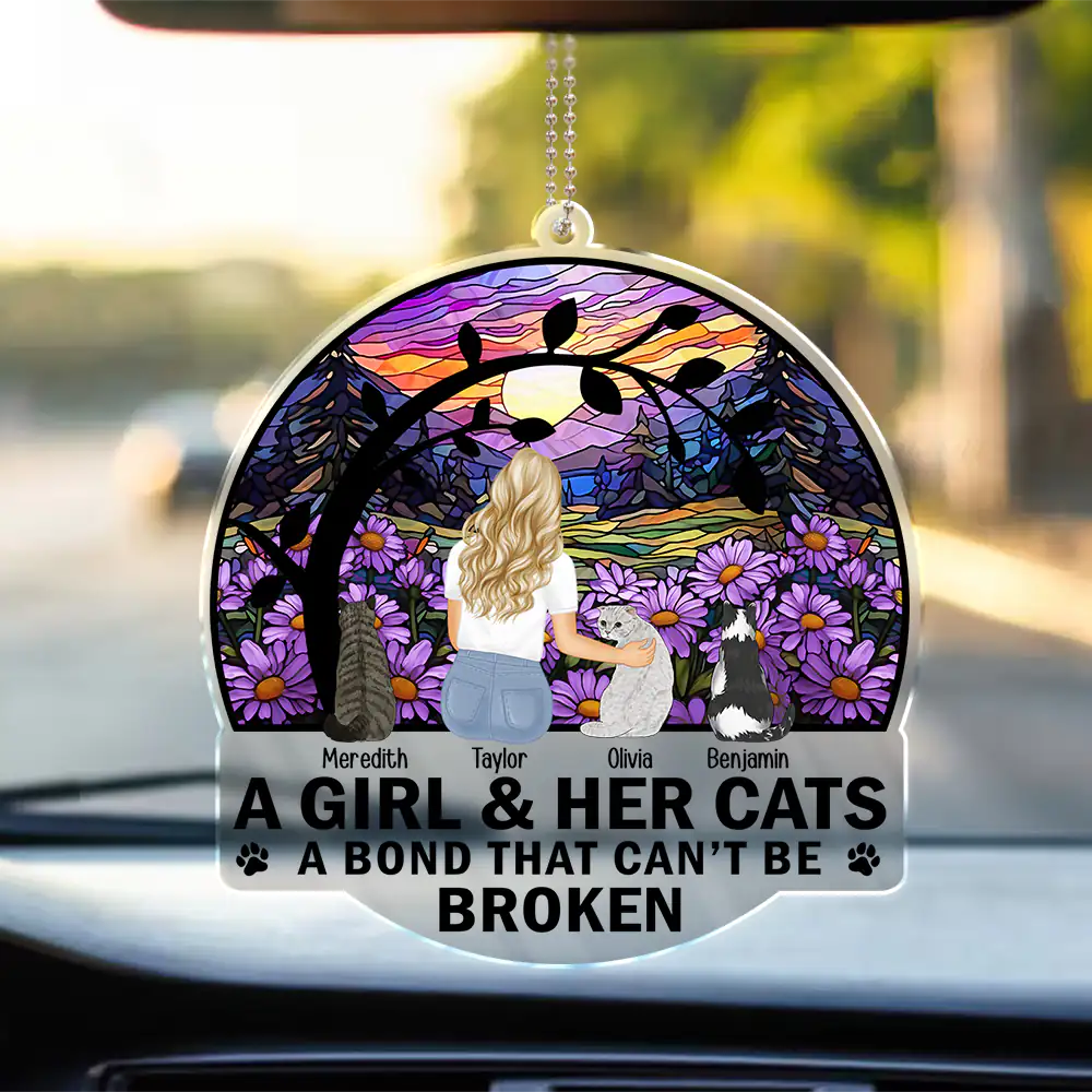 Dog Lovers, Cat Lovers, Pet Lovers - Flower Field A Girl And Her Dog And Cat - Personalized Acrylic Car Hanger