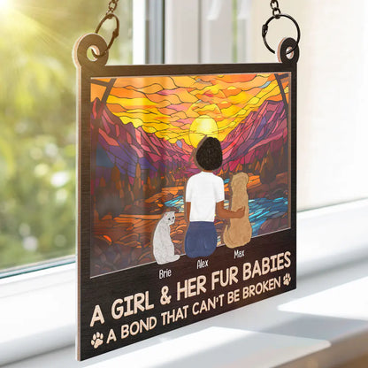 Pet Lovers - Rectangle Flower Field A Girl And Her Dog And Cat - Personalized Window Hanging Suncatcher Ornament