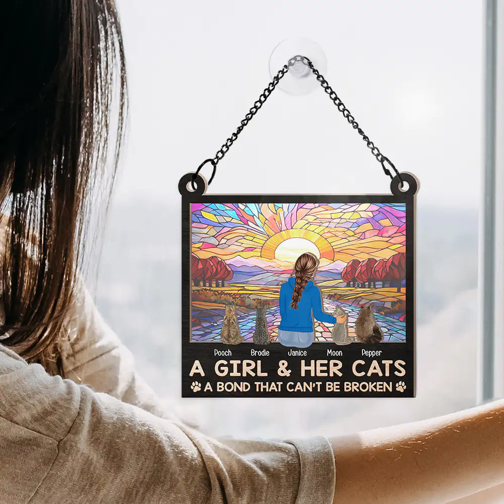 Pet Lovers - Rectangle Flower Field A Girl And Her Dog And Cat - Personalized Window Hanging Suncatcher Ornament