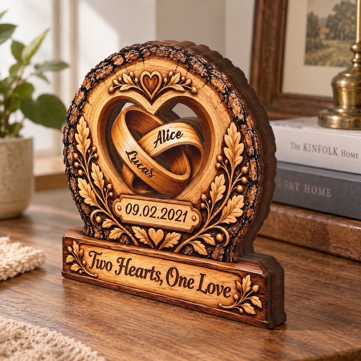Two Hearts One Love Rings Personalized Wooden Block - Anniversary Gift for Couples