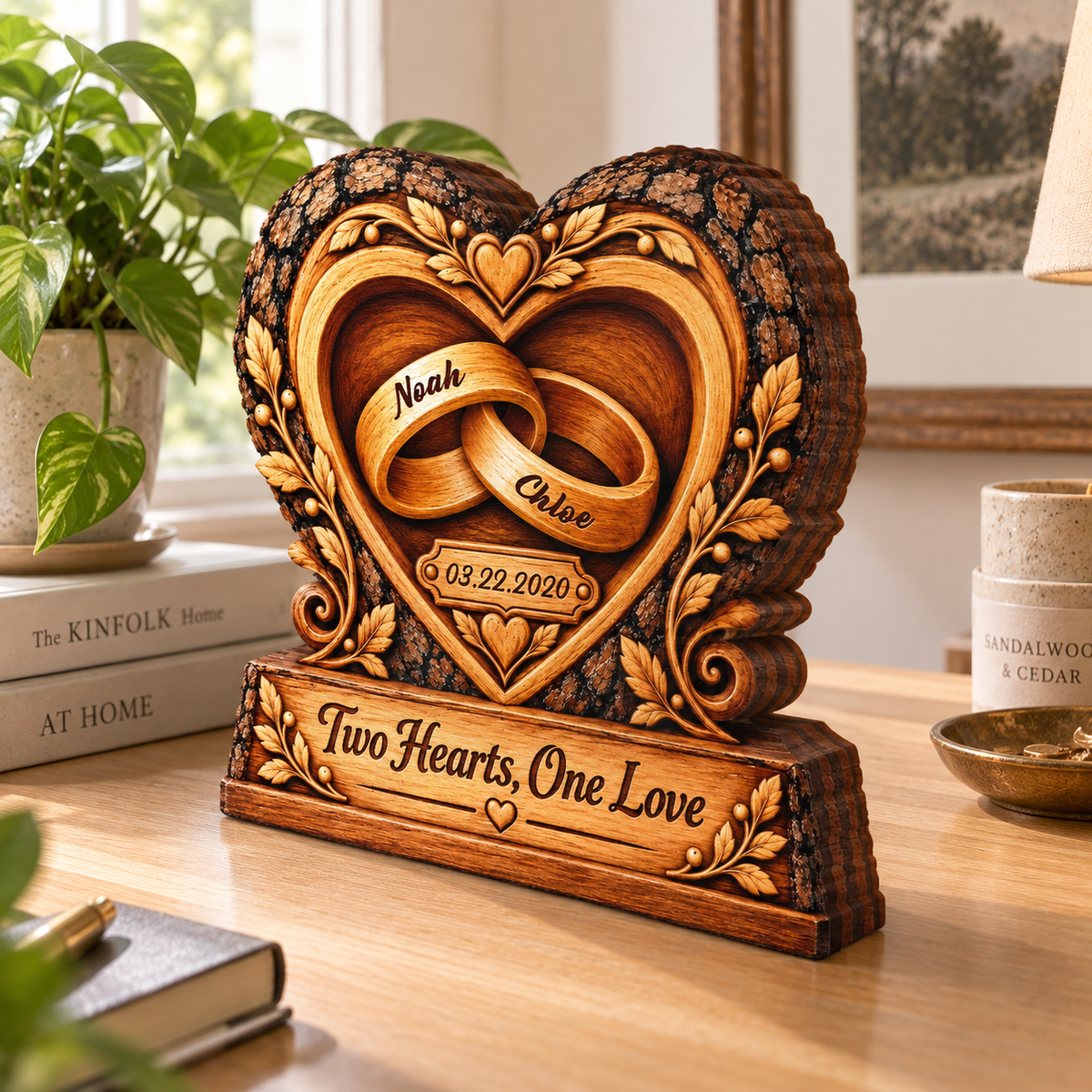 Two Hearts One Love Rings Personalized Wooden Block - Anniversary Gift for Couples