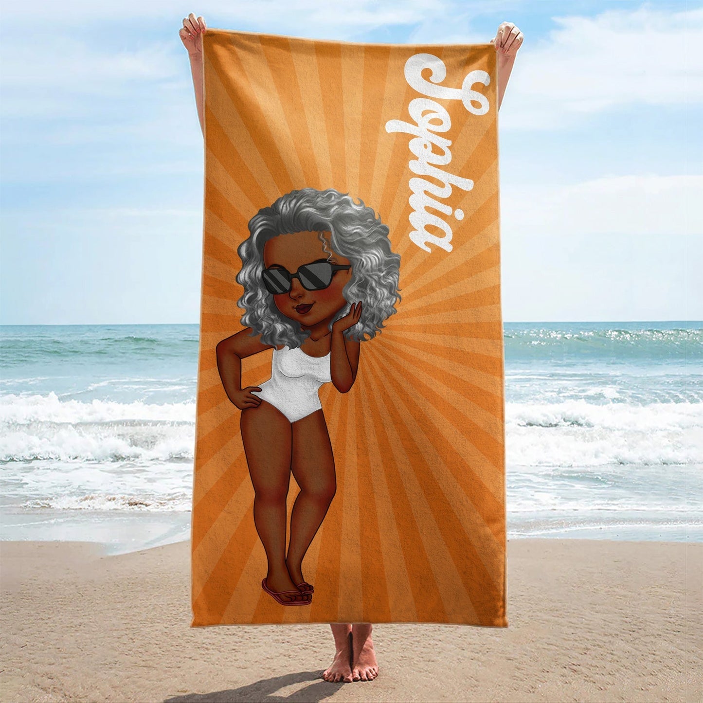Cartoon Woman Traveling Beach Poolside Swimming Picnic - Personalized Beach Towel