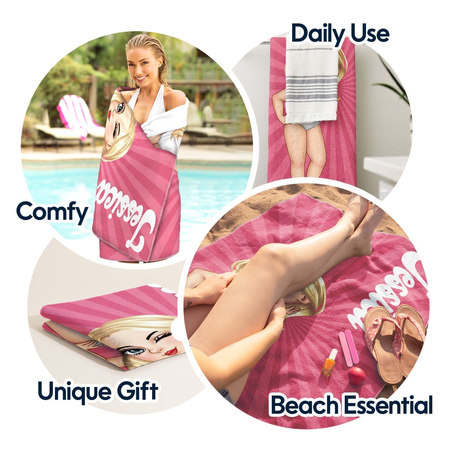 Cartoon Woman Traveling Beach Poolside Swimming Picnic - Personalized Beach Towel