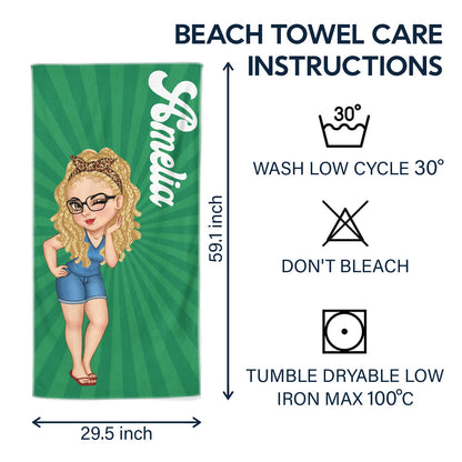Cartoon Woman Traveling Beach Poolside Swimming Picnic - Personalized Beach Towel