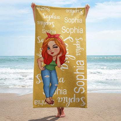 Cartoon Woman Traveling Beach Poolside Swimming Picnic - Personalized Custom Name Beach Towel