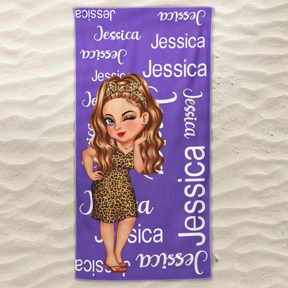 Cartoon Woman Traveling Beach Poolside Swimming Picnic - Personalized Custom Name Beach Towel