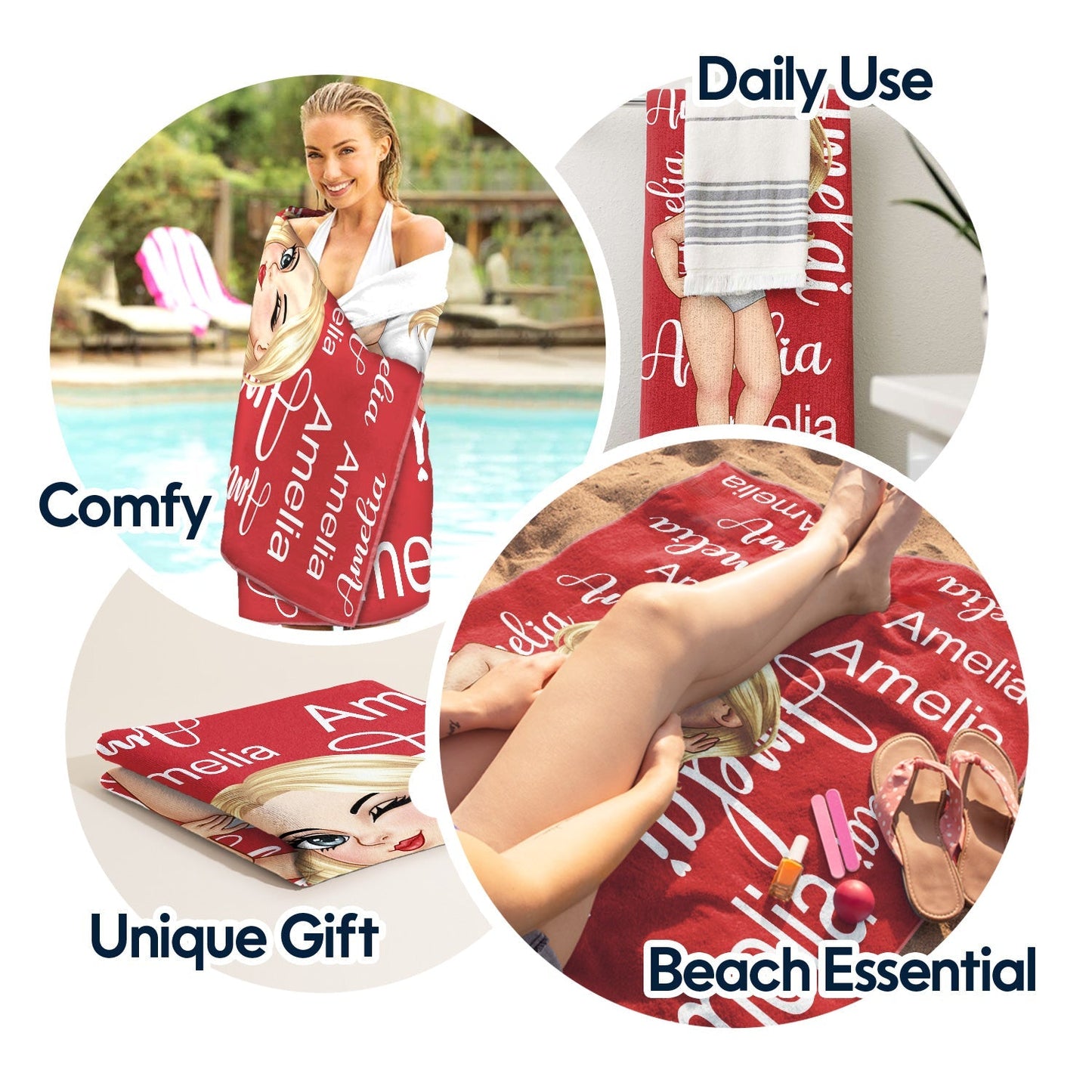 Cartoon Woman Traveling Beach Poolside Swimming Picnic - Personalized Custom Name Beach Towel