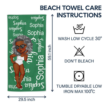 Cartoon Woman Traveling Beach Poolside Swimming Picnic - Personalized Custom Name Beach Towel