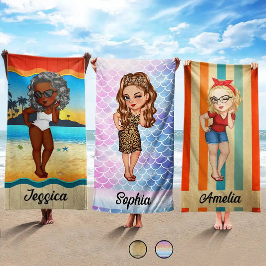 Custom Cartoon Women Beach Towel - Personalized Summer Gift For Her & Besties