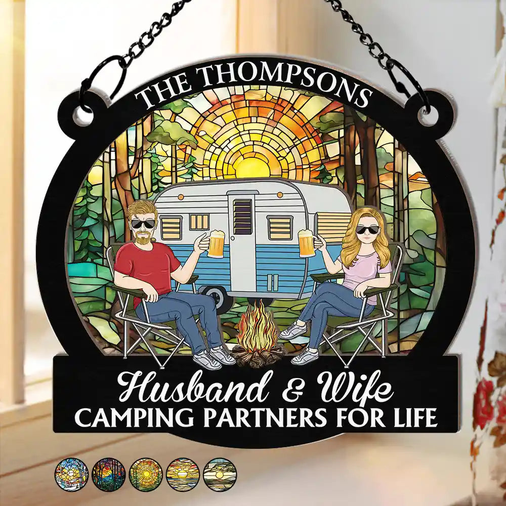 Camping Couple Husband & Wife Camping Partners For Life - Personalized Window Hanging Suncatcher Ornament