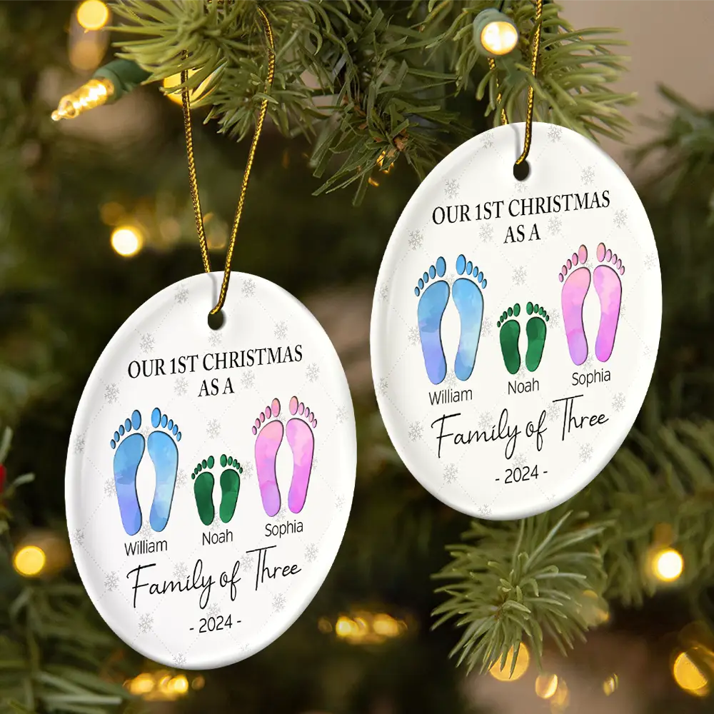 First Christmas As A Family Of Four Footprints - Personalized Circle Ceramic Ornament