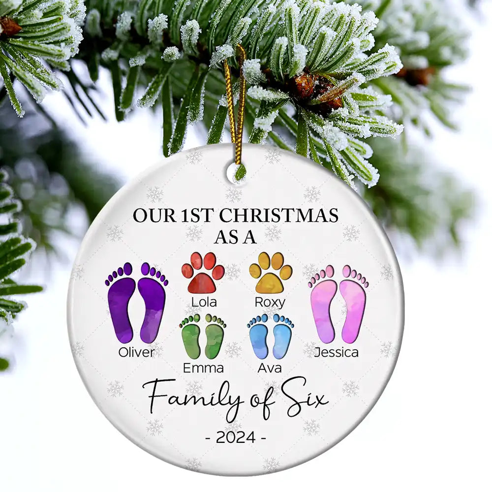 First Christmas As A Family Of Four Footprints - Personalized Circle Ceramic Ornament