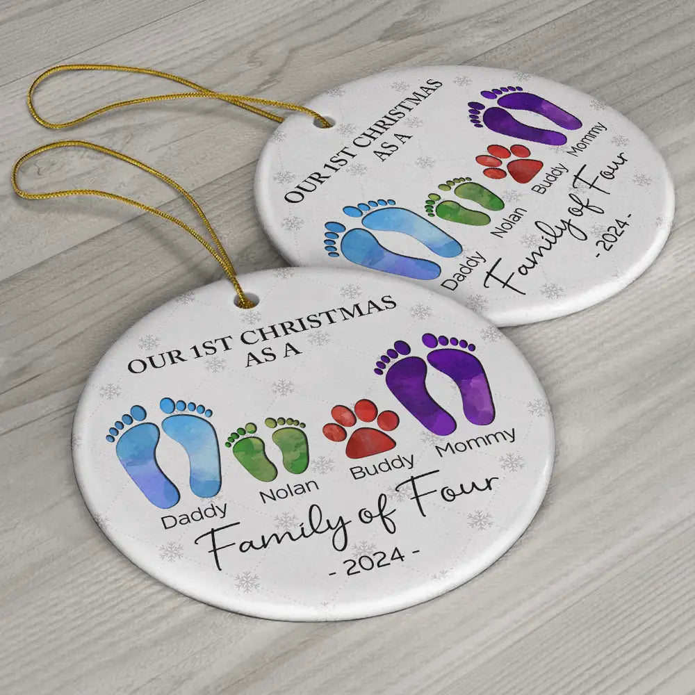 First Christmas As A Family Of Four Footprints - Personalized Circle Ceramic Ornament