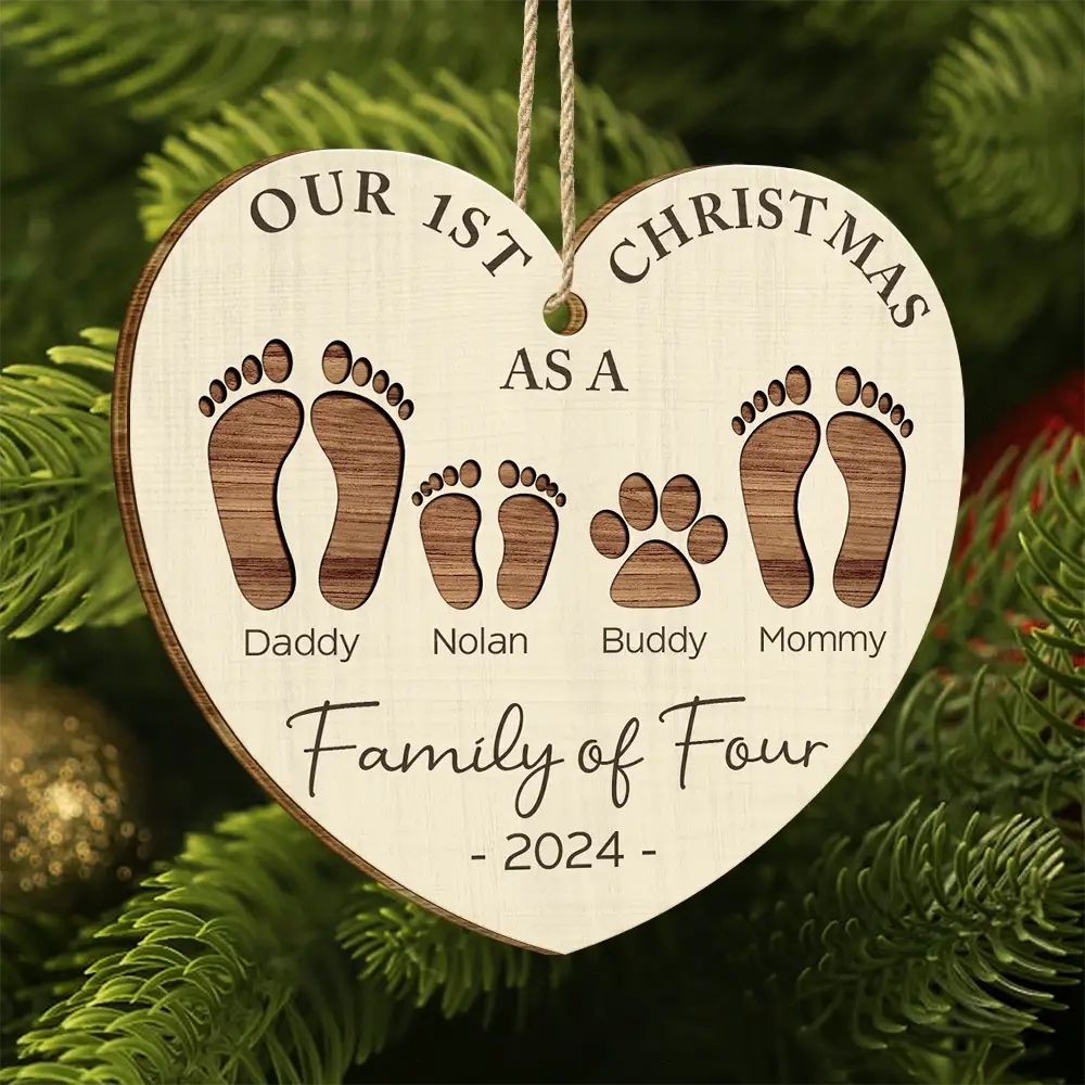 First Christmas As A Family Of Four Footprints - Personalized Custom Shaped Wooden Ornament