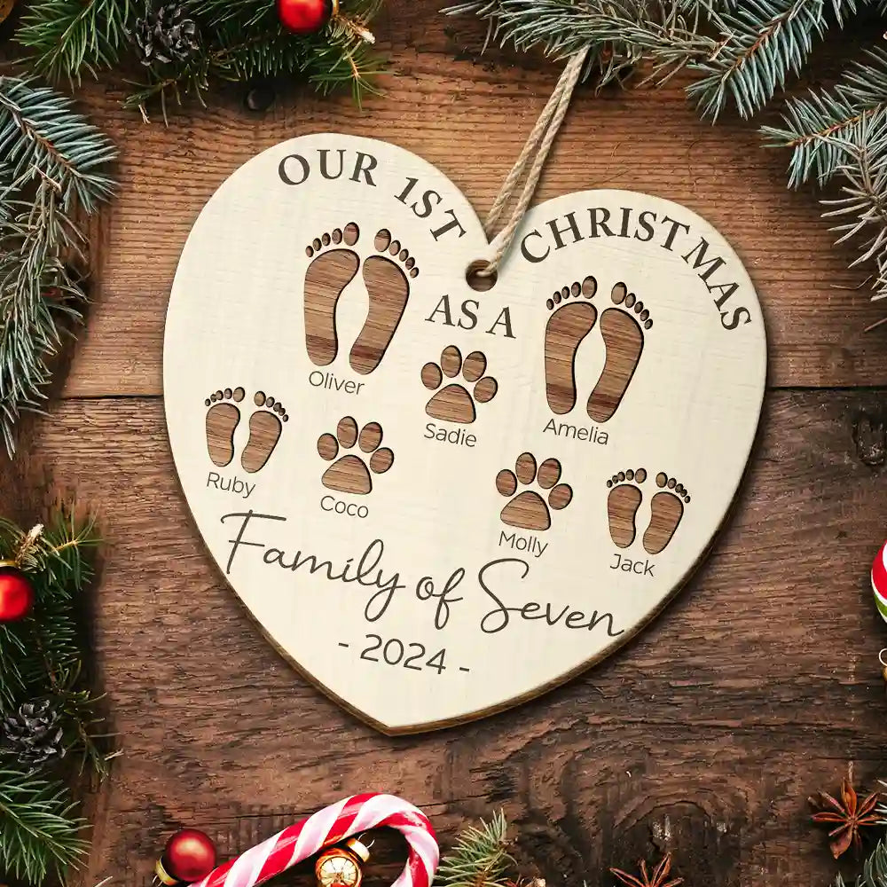 First Christmas As A Family Of Four Footprints - Personalized Custom Shaped Wooden Ornament