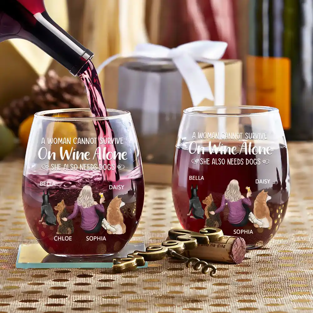 A Woman Cannot Survive On Wine Alone - Personalized Dog Mom Stemless Wine Glass