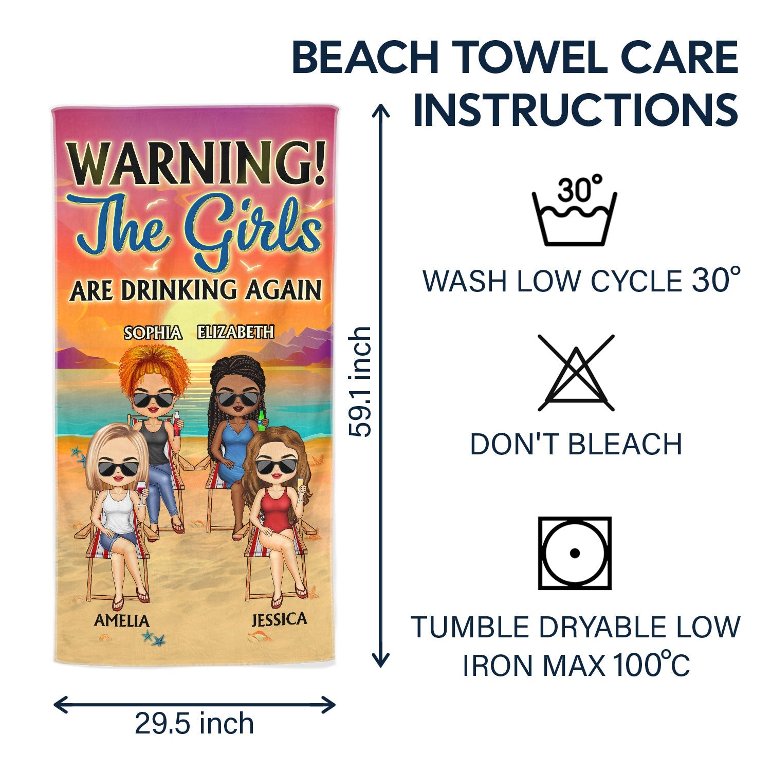 Personalized Funny Beach Towel: "Warning! The Girls Are Drinking Again"