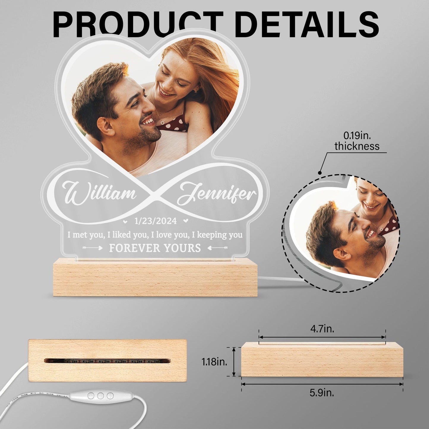 Custom Photo I Love You - Loving Gift For Couples - Personalized 3D Led Light Wooden Base