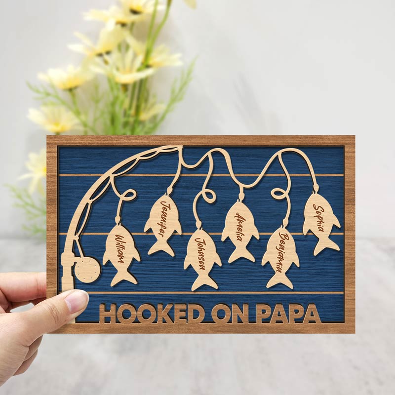 Hooked On Dad & Grandpa - Personalized 2-Layered Wooden Plaque