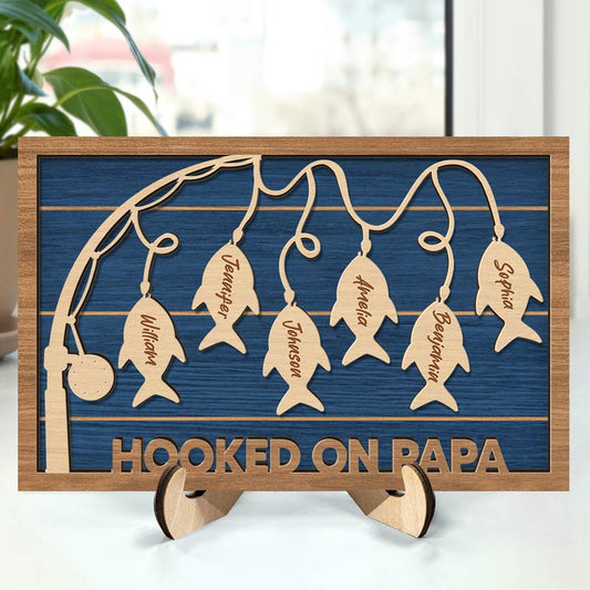 Hooked On Dad & Grandpa - Personalized 2-Layered Wooden Plaque