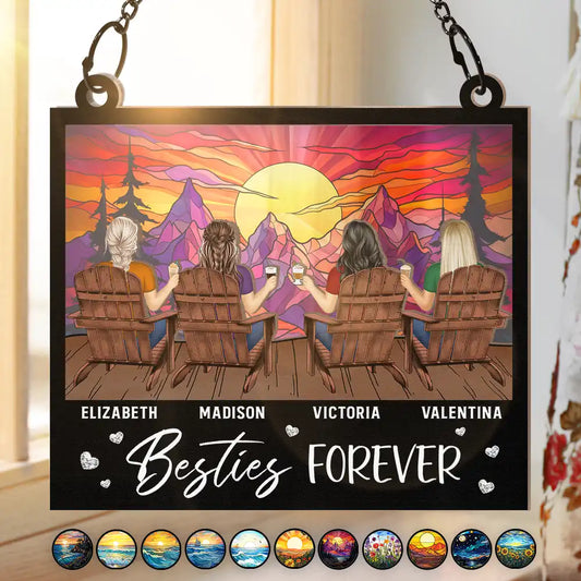 Sunset Besties Sisters Sitting Together - Personalized Window Hanging Suncatcher Ornament