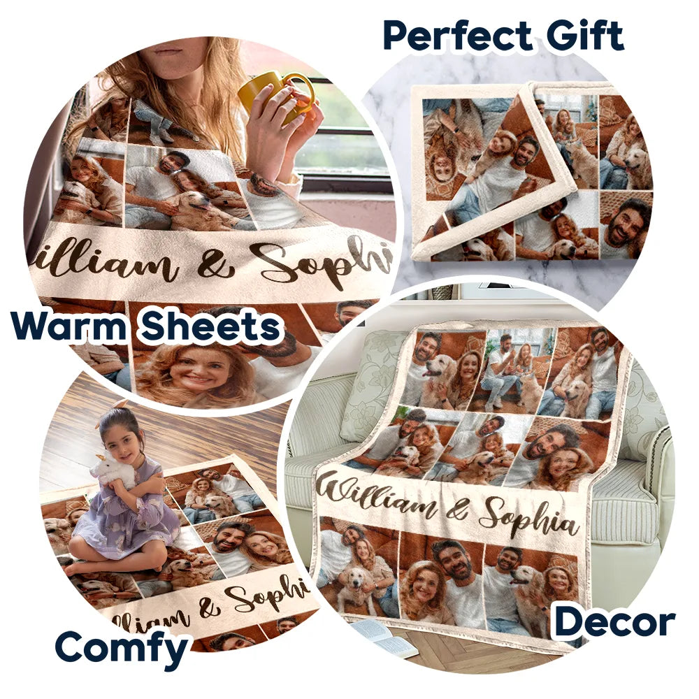 Custom Photo,Gift For Couples,Gift For Husband,Gift For Wife,Gift For Boyfriend,Gift For Girlfriend,Happy - Custom Photo Couple Family Besties Memory - Personalized Fleece Blanket, Sherpa Blanket