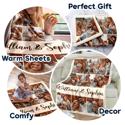 Custom Photo,Gift For Couples,Gift For Husband,Gift For Wife,Gift For Boyfriend,Gift For Girlfriend,Happy - Custom Photo Couple Family Besties Memory - Personalized Fleece Blanket, Sherpa Blanket