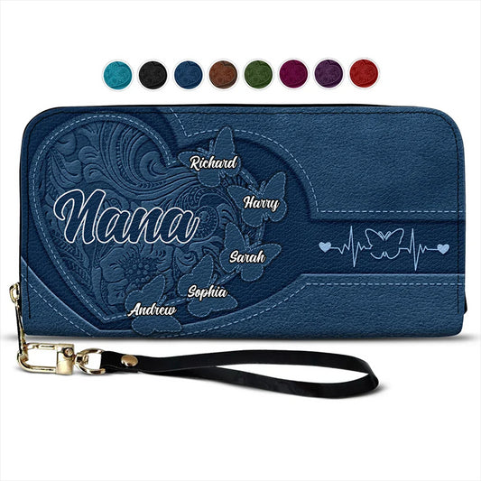 Gift For Mother,Gift For Grandma,Grandma,Grandkids,Mom,Children - Leather Butterfly Heart - Personalized Leather Long Wallet
