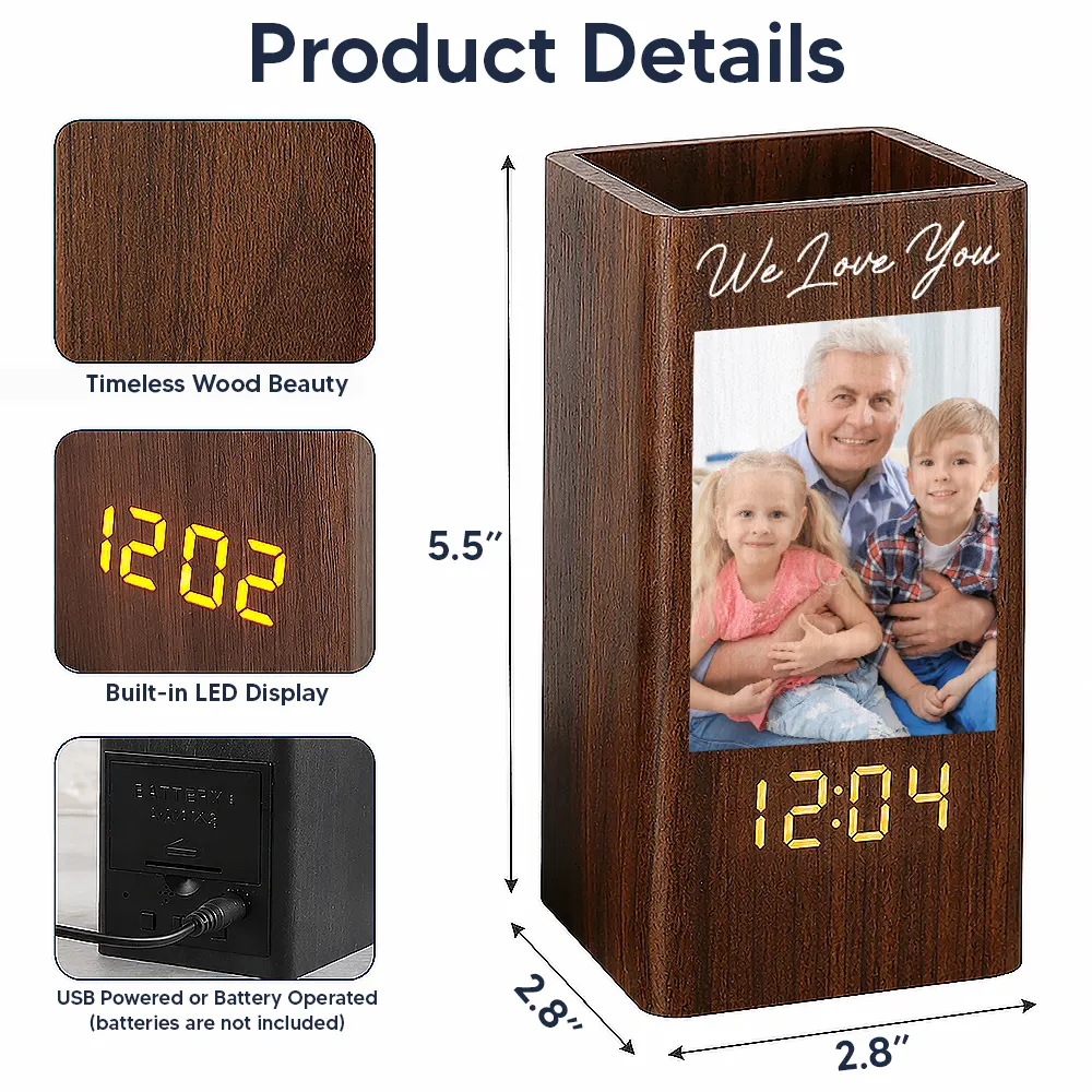 Custom Photo Family Portrait Best Grandpa Dad Ever - Personalized Pen Holder With Clock