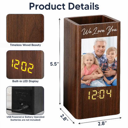 Custom Photo Family Portrait Best Grandpa Dad Ever - Personalized Pen Holder With Clock