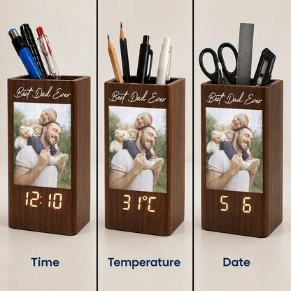 Gift For Father, Custom Photo, Sentimental, Upload Full Photo - Custom Photo Family Portrait Best Grandpa Dad Ever - Personalized Pen Holder With Clock