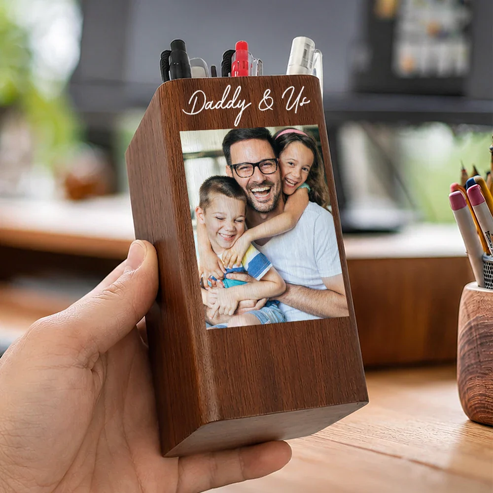 Custom Photo Family Portrait Best Grandpa Dad Ever - Personalized Pen Holder With Clock