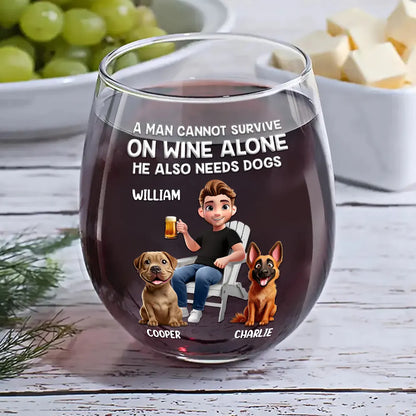 Happy,Dog Mom,Dog Lovers,Pet Lovers,Dog Dad - A Woman Cannot Survive On Wine Alone Dog Mom Cartoon - Personalized Stemless Wine Glass