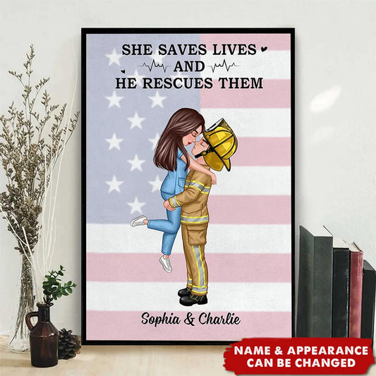 Personalized Nurse Firefighter Couple Canvas: 'She Saves Lives & He Rescues Them'